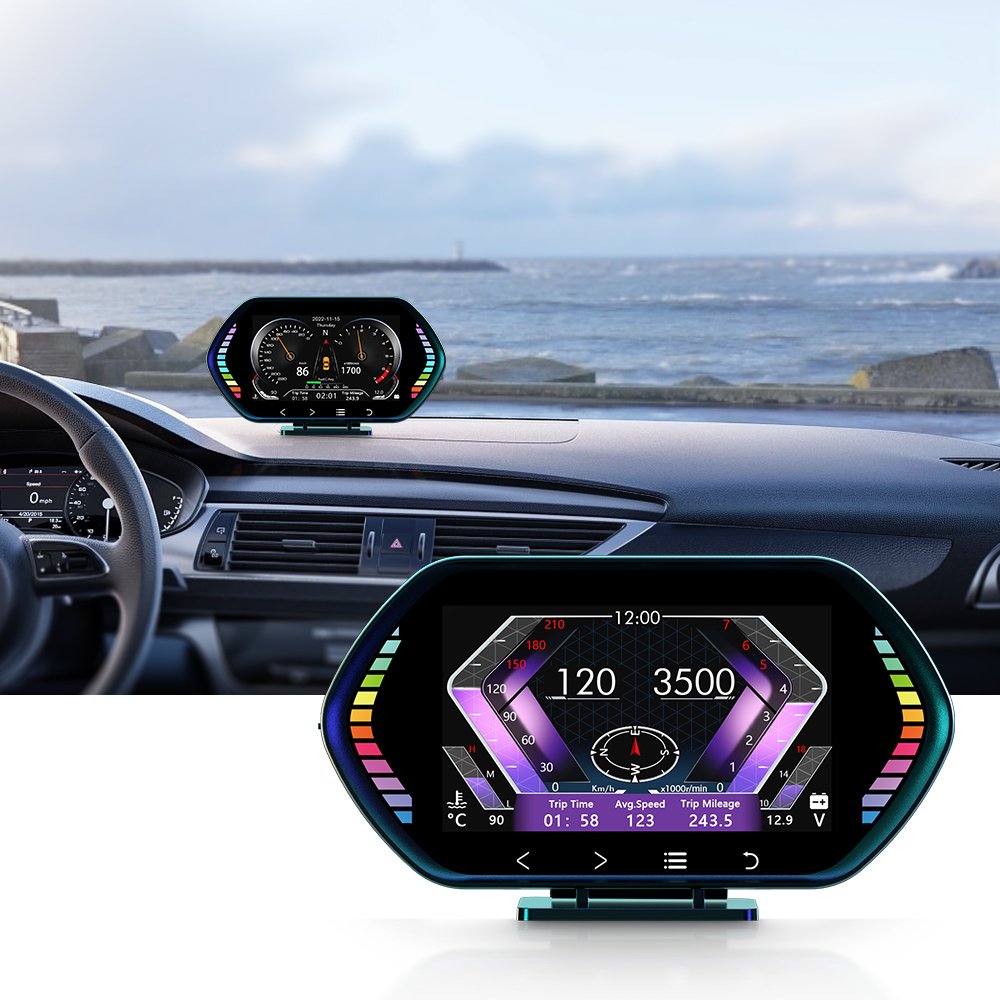 WIIYII F12 HUD Head-Up Display OBD2+GPS+Slope Meter Display Car Digital Speedometer Oil Temp Speed for Vehicle